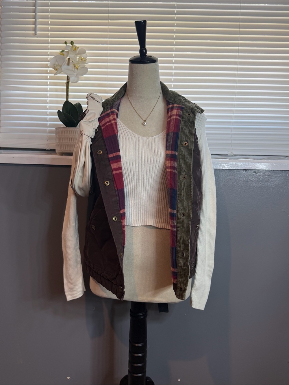 Natural Reflections Olive Quilted Vest with Burgundy Plaid Lining
